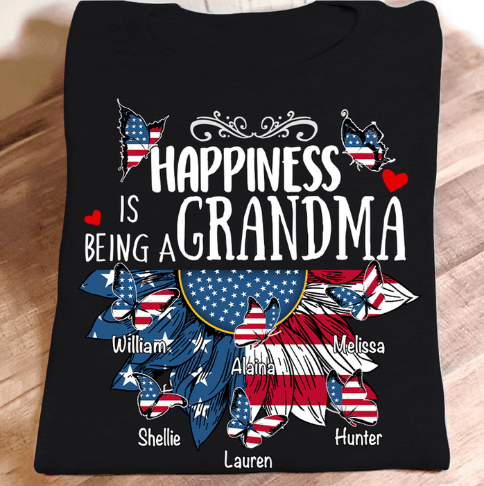 Personalized T-Shirt For Grandma Happiness Is Being A Grandma American Sunflower With Butterfly Custom Grandkids Name