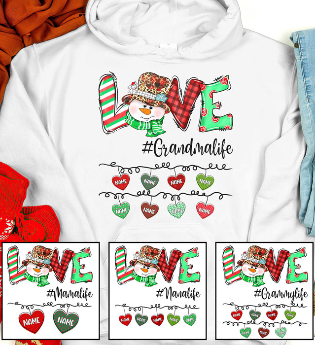 Personalized Hoodie Love Hashtag Grandma Life Cute Snowman & Heart Printed Custom Grandkids Name