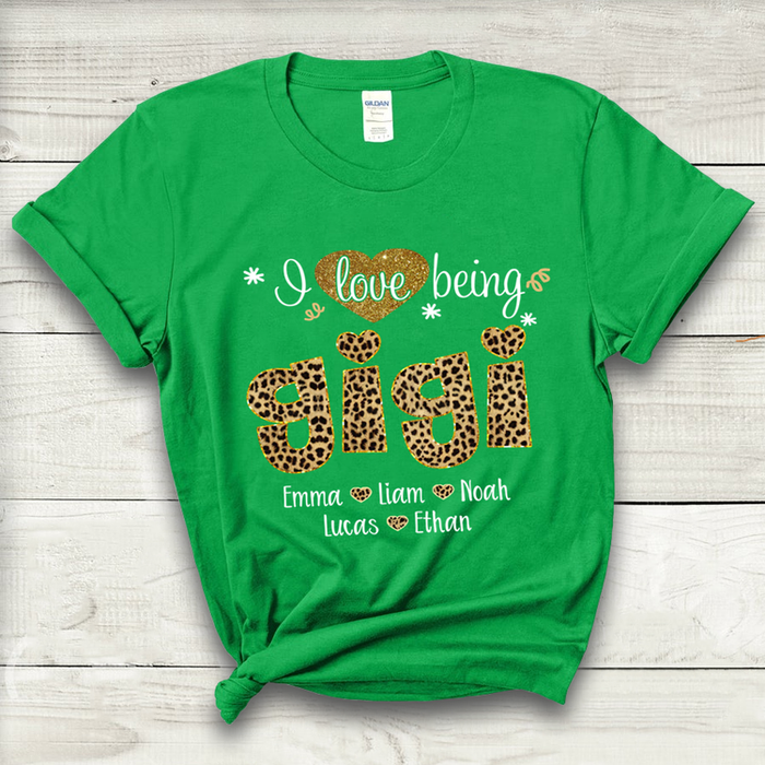 Personalized T-Shirt For Grandma I Love Being Gigi Leopard Design With Hearts Printed Custom Grandkids Name