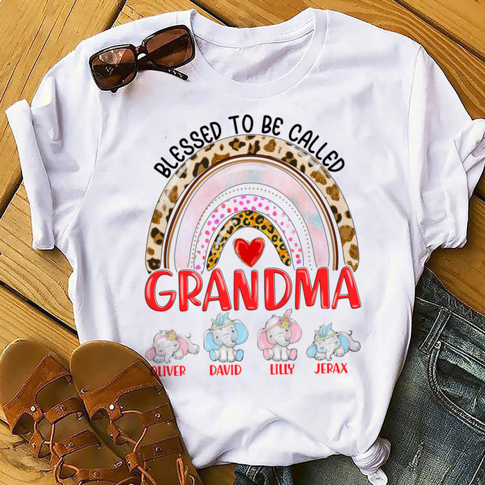 Personalized T-Shirt Happiness Is Being A Grandma Rainbow Printed Polka Dot & Leopard Style Custom Grandkids Name