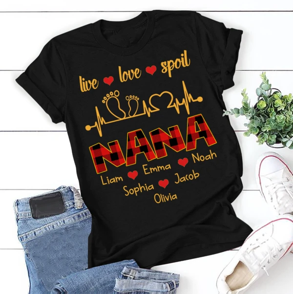 Personalized Live Love Spoil Nana Shirt For Grandma Red Buffalo Plaif Nana  with Grandkids Tee Classic For Xmas Holiday