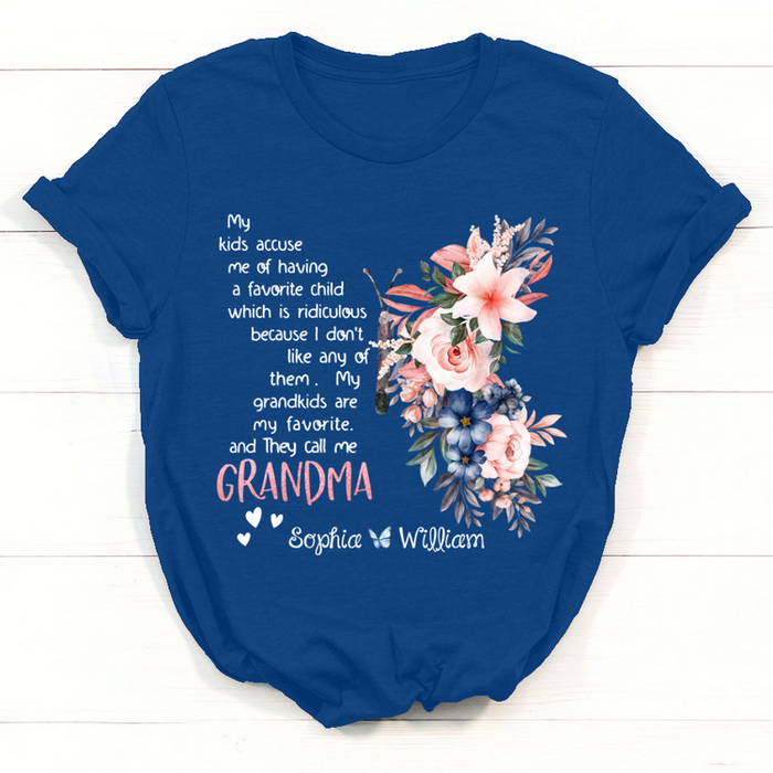 Personalized T-Shirt For Grandma Butterfly Artwork & Beautiful Flower Printed Custom Grandkids Name