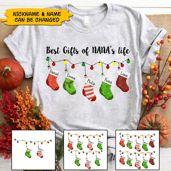 Personalized T-Shirt For Grandma Best Gifts Of Nana's Life Print Xmas Lights And Socks Custom Grandkids Name