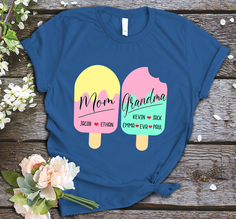 Personalized T-Shirt Mom Grandma Cute Ice Cream And Hearts Printed Custom Grandkids Name Mother'S Day Shirt