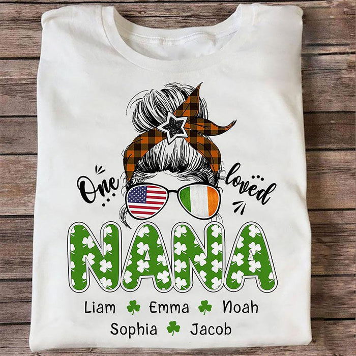 Personalized T-Shirt For Grandma One Loved Nana Messy Bun Hair Women & Shamrock Printed Custom Grandkids Name