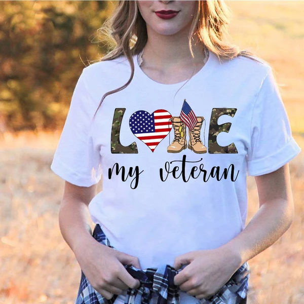 Classic T-Shirt For Women Love My Veteran American Flag Military Shoes Camouflage Design Patriotic Shirt