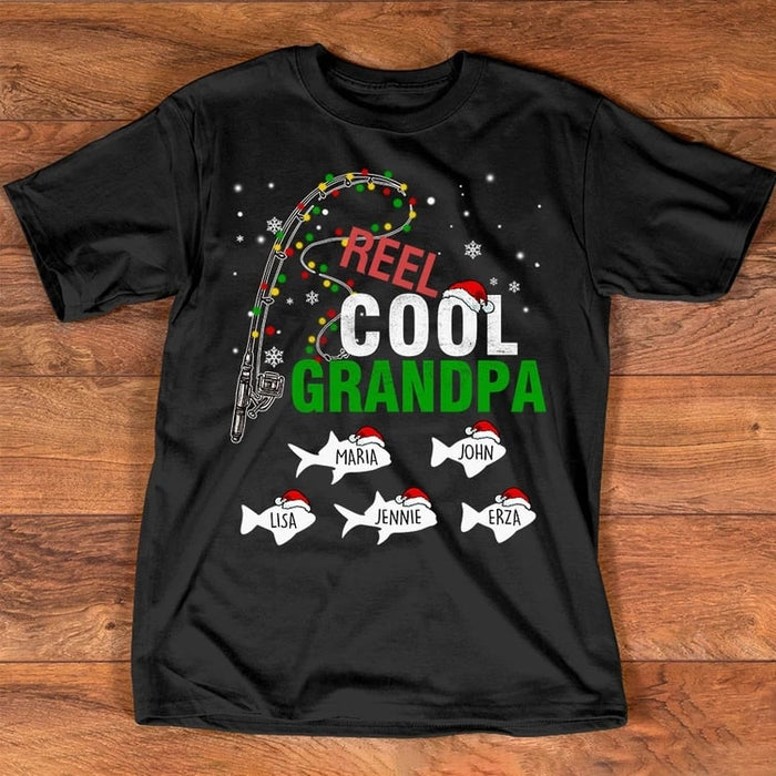 Personalized T-shirt For Fishing Lovers Reel Cool Grandpa Print Rods & Fish Merry Christmas DesignCustom Grandkids Name