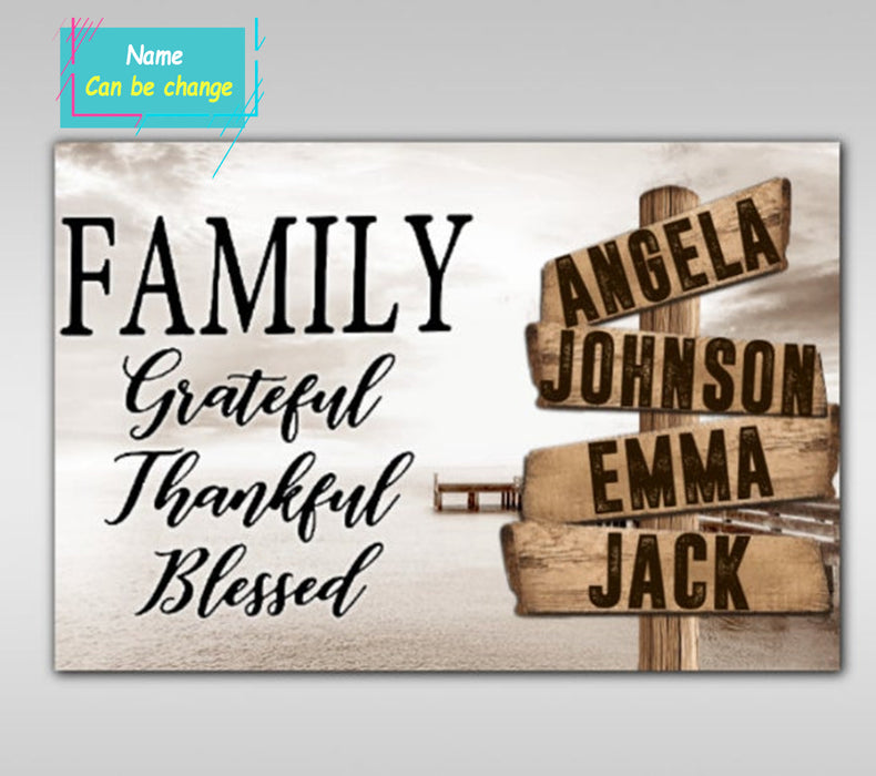 Personalized Multi Family Names Grateful Thankful Blessed Ocean Dock Canvas Horizontal Poster No Frame Full Size