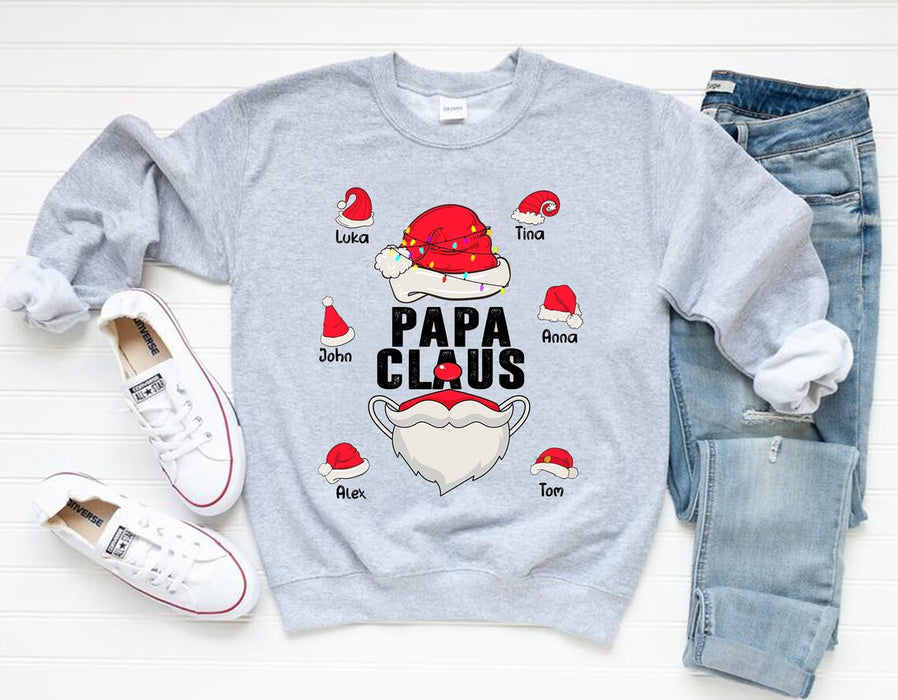 Personalized Sweatshirt & T-Shirt For Grandpa Papa Claus Monogram Design Santa Hat Printed Custom Grandkids Name