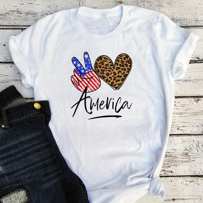Classic T- Shirt For Women America Shirts Leopard Peace Love American Flag Art Printed Shirt For Independence Day