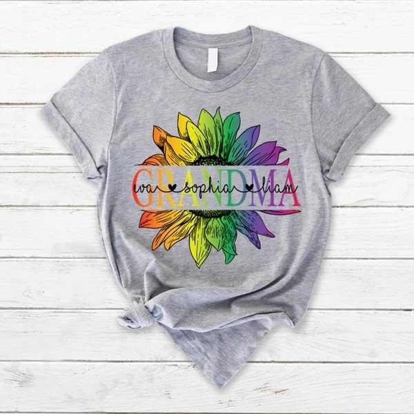 Personalized T-Shirt For Grandma Sunflower Printed Monogram Design Custom Grandma's Nickname & Grandkid's Name