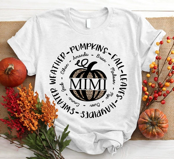 Personalized T-Shirt For Grandma Weather Pumpkins Fall Mimi Leopard Pumpkin Halloween Shirt Custom Grandkid's Name