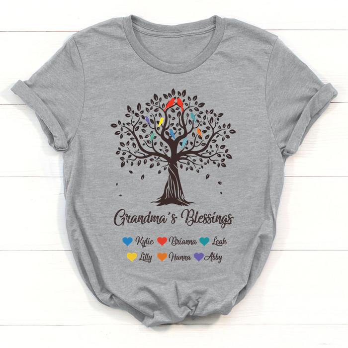 Personalized T-Shirt Grandma's Blessing Tree & Birds Printed Custom Grandkids Name Shirt For Mother's Day