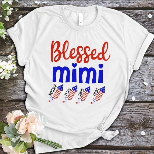 Personalized T-Shirt For Grandma Blessed Mimi Firecrackers Printed Custom Grandkids Name Red White Blue Design