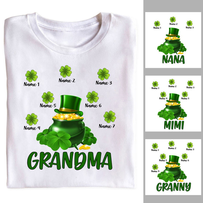 Personalized Patrick'S Day T-Shirt For Grandma Pot Of Shamrocks And Coins Printed Custom Grandkids Name