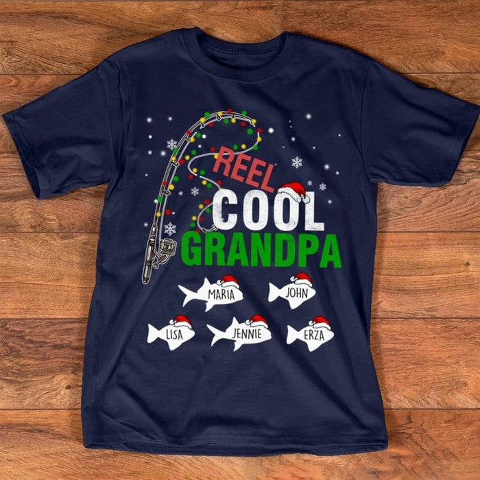 Personalized T-shirt For Fishing Lovers Reel Cool Grandpa Print Rods & Fish Merry Christmas DesignCustom Grandkids Name