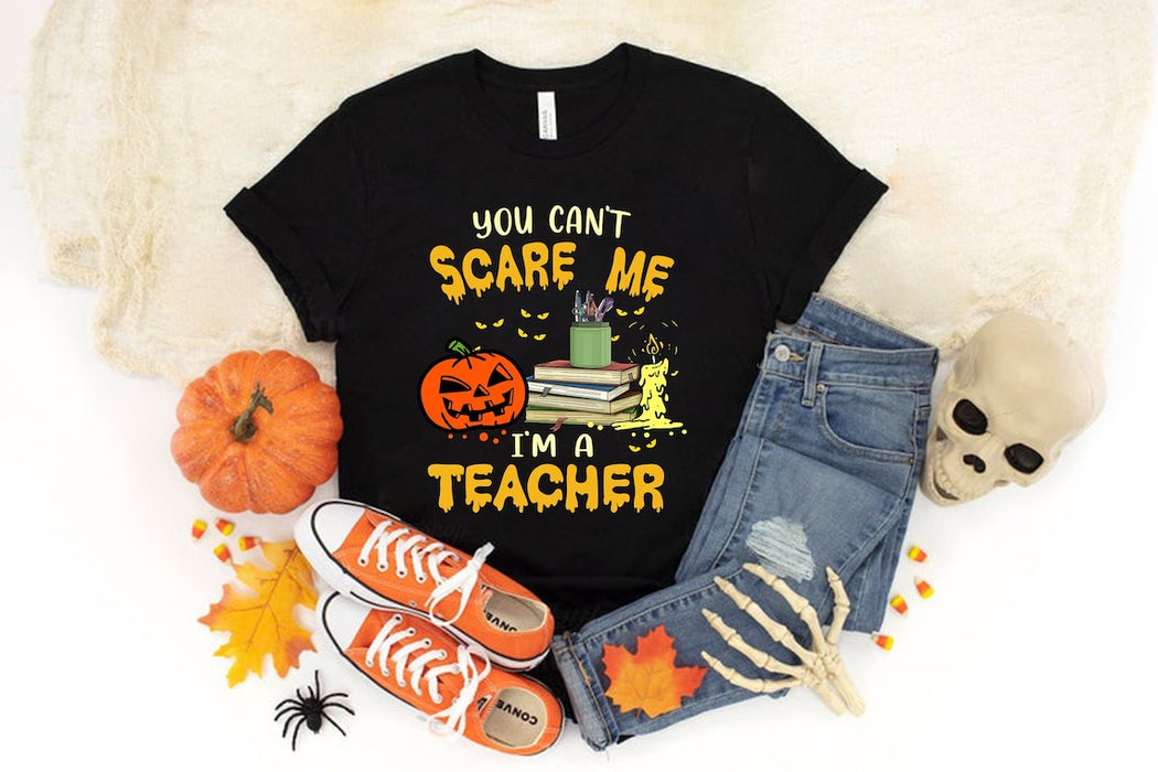 Classic T-Shirt For Teacher You Can't Scare Me I'm A Teacher Pumpkin Pencil Book And Candle Printed Shirt For Halloween