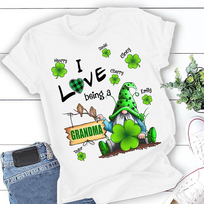 Personalized T-Shirt For Grandma I Love Being A Grandma Cute Gnome & Shamrock Printed Custom Grandkids Name