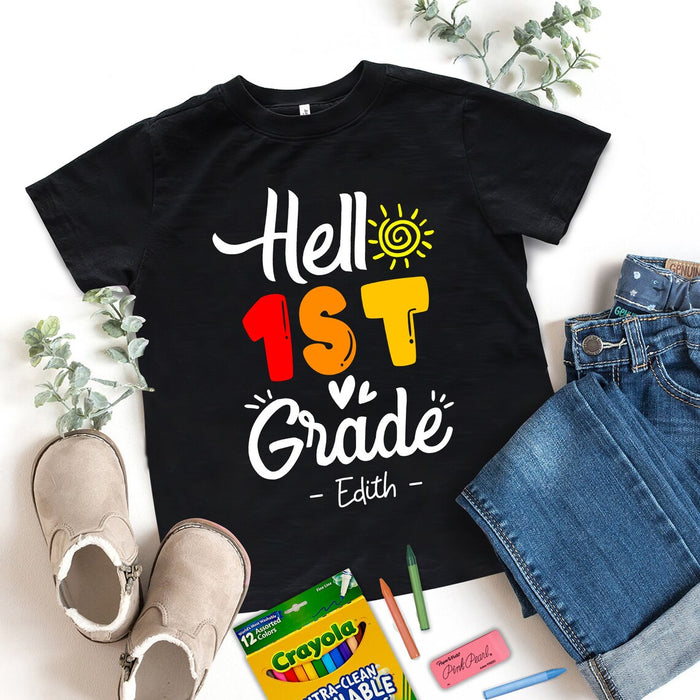 Personalized T-Shirt For Kids Back To School Hello Kindergarten Color Design Cute Sun Printed Custom Name & Grade Level