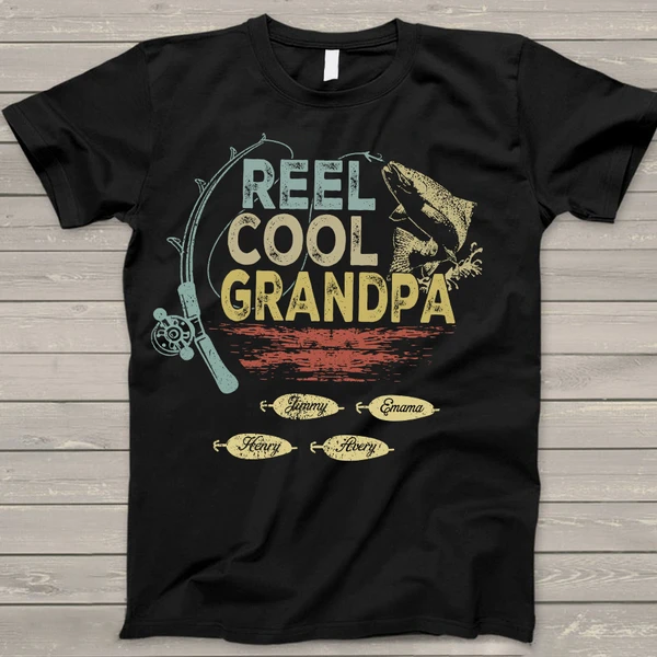 Personalized T-Shirt For Fishing Lovers Reel Cool Grandpa With Rod And Fish Printed Custom Grandkids Name Vintage Shirt