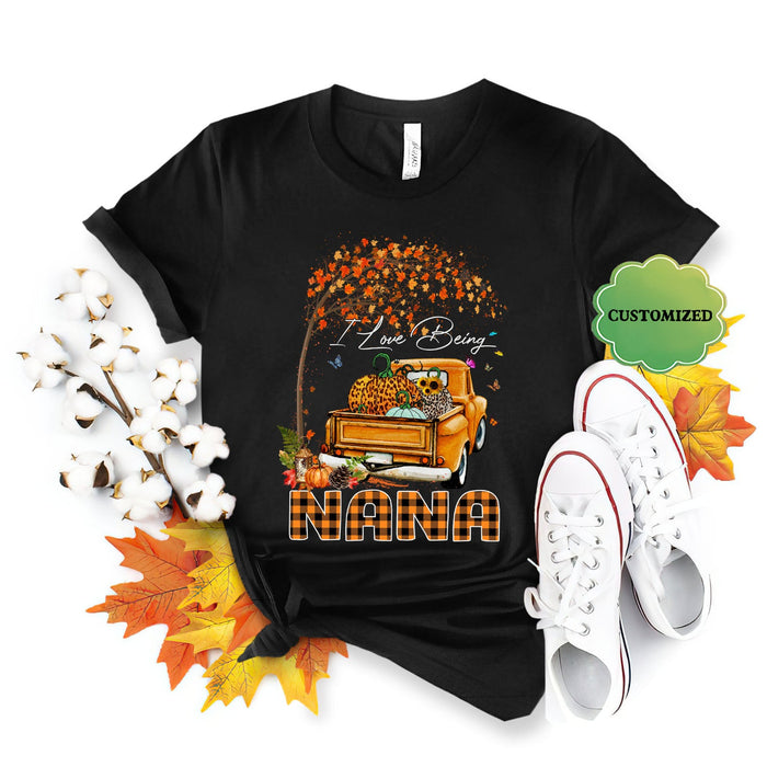 Personalized T-Shirt For Grandma I Love Being Nana Leopard Pumpkin Truck & Maple Tree Printed Custom Grandma's Nickname