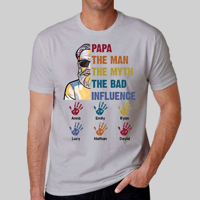 Personalized T-Shirt For Grandpa Papa The Man The Myth Haft Face & Handprints Custom Grandkids Name