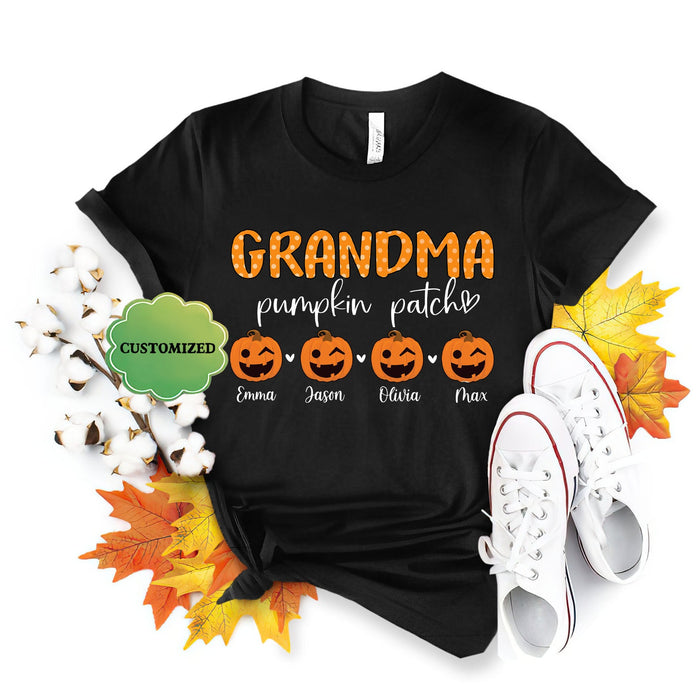 Personalized T-Shirt Grandma Pumpkin Patch Cute Pumpkin With Funny Emotion Polka Dot Design Custom Grandkids Name