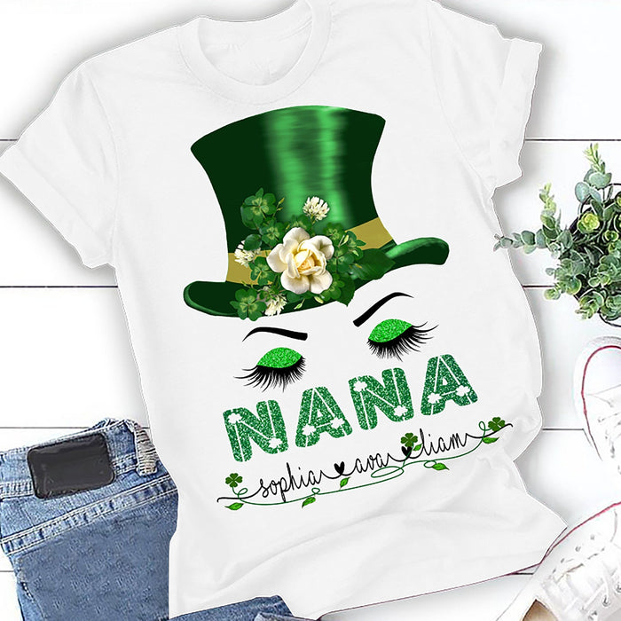 Personalized Patrick'S Day T-Shirt For Grandma Nana Leprechaun Green Eye Lash & Shamrock Custom Grandkids Name