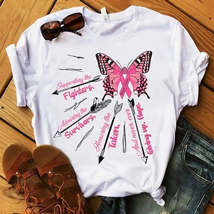 Classic T-Shirt Supporting The Fighters Admiring For Breast Cancer Awareness Print Butterfly & Pink Ribbon