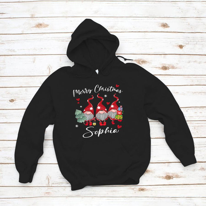 Personalized Sweatshirt & Hoodie For Family Merry Christmas Custom Name Cute Gnomes Printed With Xmas Tree & Heart