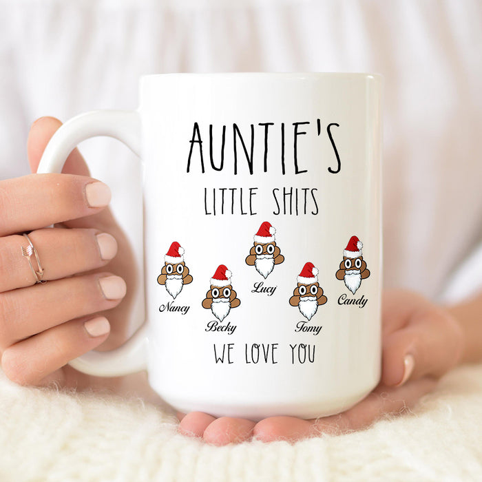Personalized Coffee Mug Auntie's Little Shits Funny Shit With Santa Hat & Beard We Love You Custom Kids Name 11Oz 15Oz