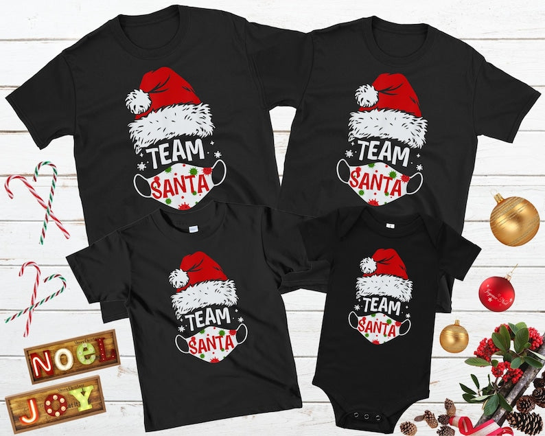 Christmas Matching Family Shirt Team Santa Funny Santa Hat & Face Mask Printed Family Quarantine Pajamas