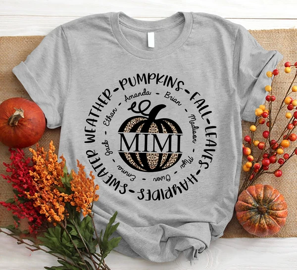 Personalized T-Shirt For Grandma Weather Pumpkins Fall Mimi Leopard Pumpkin Halloween Shirt Custom Grandkid's Name