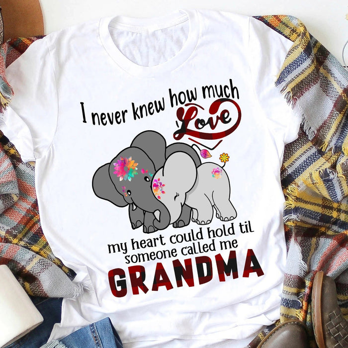 Personalized T-Shirt For Grandma I Never Knew How Much Love My Heart Could Hold Cute Elephant With Baby Printed
