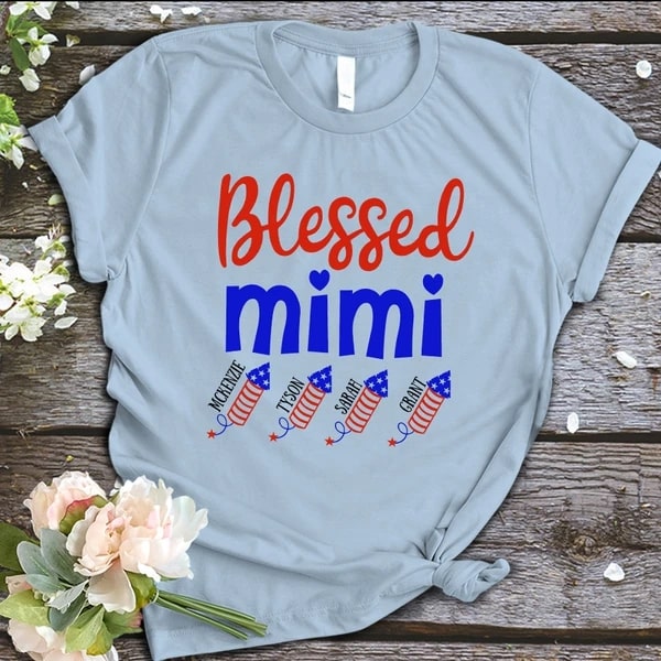 Personalized T-Shirt For Grandma Blessed Mimi Firecrackers Printed Custom Grandkids Name Red White Blue Design