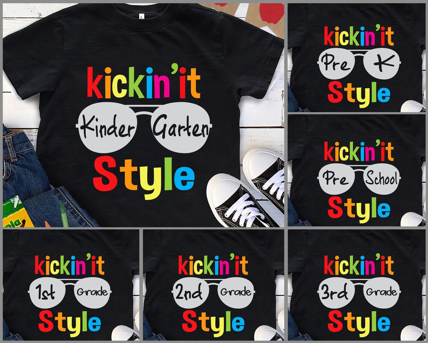 Personalized T-Shirt For Kids Kickin's It Kindergarten Style Color Words Design Cool Glasses Custom Grade Level