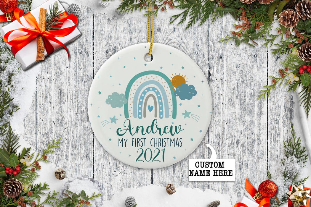 Personalized Circle Ornament For Baby My First Christmas Custom Name & Year Cute Rainbow Heart Cloud Sun & Stars Printed