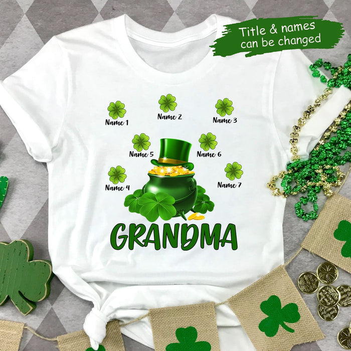 Personalized Patrick'S Day T-Shirt For Grandma Pot Of Shamrocks And Coins Printed Custom Grandkids Name