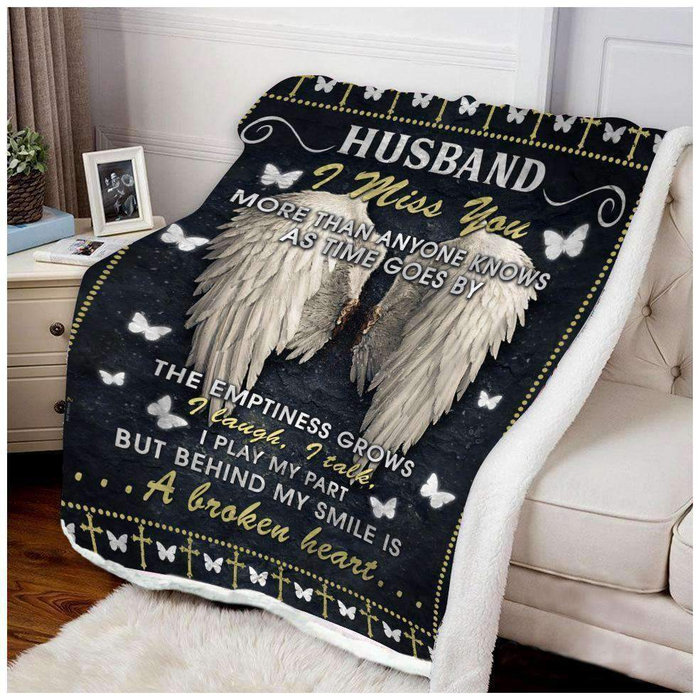 Memorial Fleece Blanket For Husband In Heaven I Miss You White Angel & Butterfly Print Custom Name Sympathy Blanket