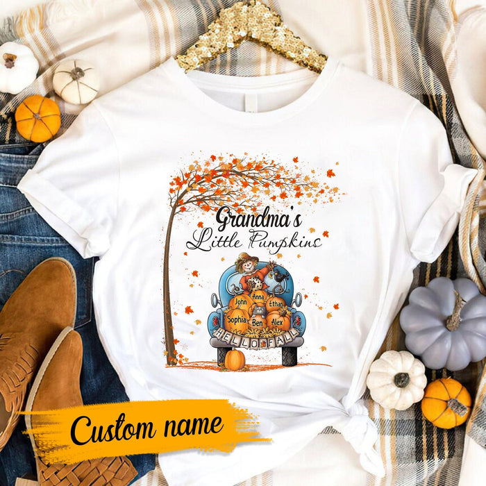 Personalized T-Shirt Grandma's Little Pumpkin Scarecrow With Truck & Maple Tree Printed Custom Grandkids Name Fall Shirt
