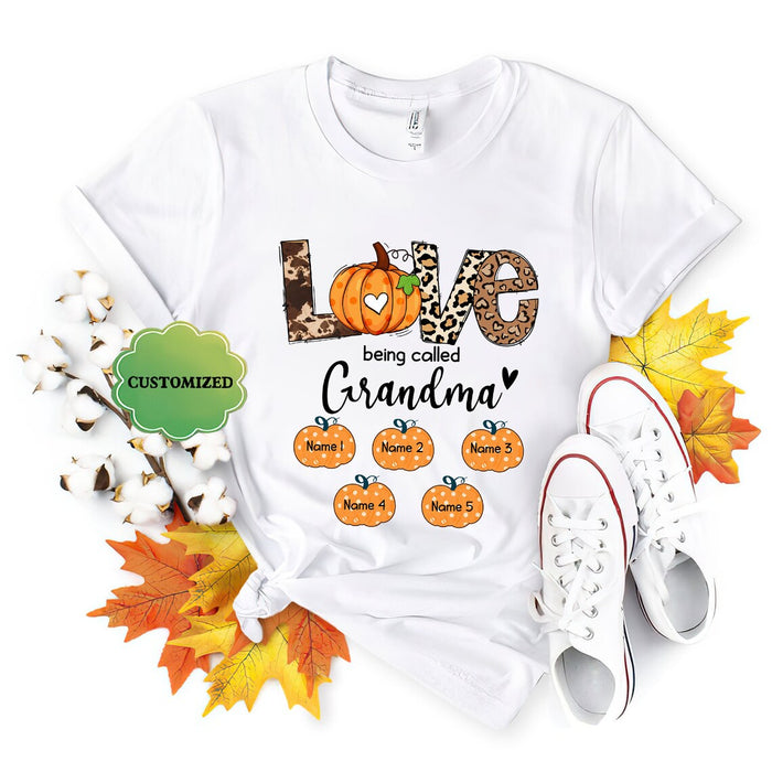 Personalized T-Shirt Love Being Called Grandma Cute Pumpkin Printed Leopard Design Custom Grandkid's Name Fall Shirt