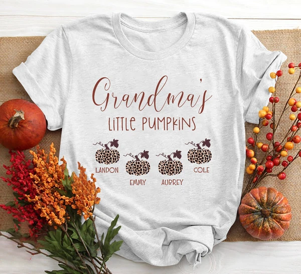 Personalized T-Shirt Grandma's Little Pumpkin Leopard Pumpkin Custom Grandkids Name Shirt For Halloween