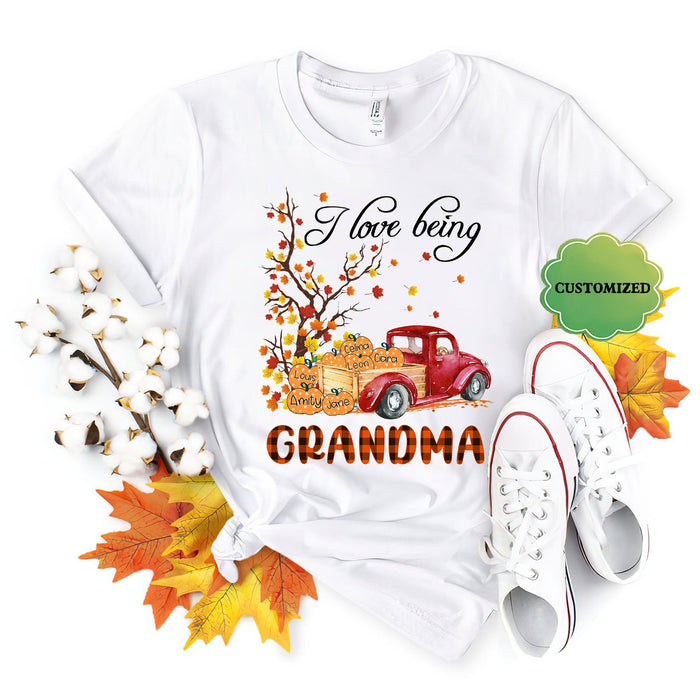 Personalized T-Shirt For Grandma I Love Being Grandma Pumpkin Red Truck Maple Tree Printed Custom Grandkids Name
