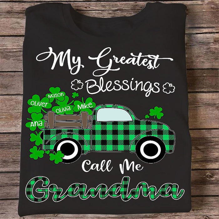 Personalized T-Shirt For Grandma My Greatest Blessing Call Me Grandma Green Plaid Shamrock Truck Custom Grandkids Name