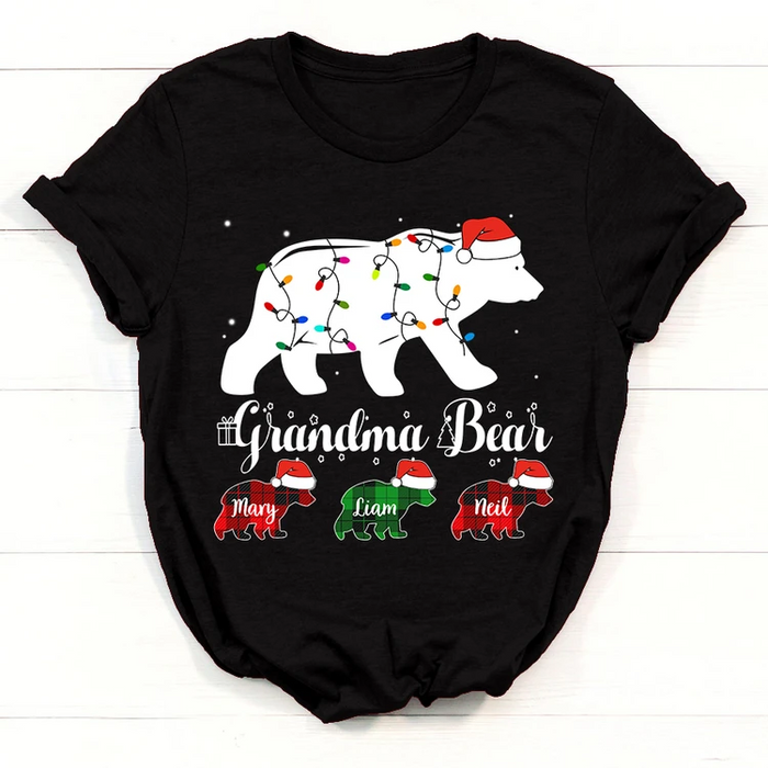 Personalized Santa Grandma Bear Christmas Shirt For Grandmother Custom Grandma And Grandkids Name T-Shirt Buffalo Plaid
