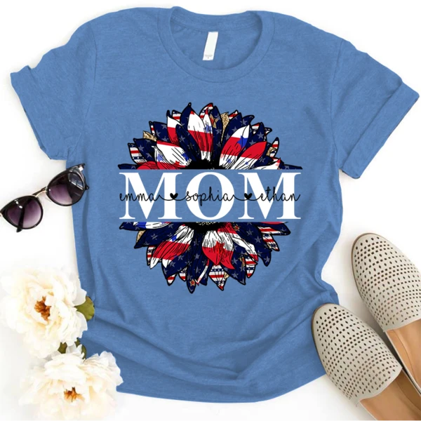 Personalized T-Shirt For Mom American Sunflower US Flag Art Printed Custom Kid's Name Patriotic Shirt