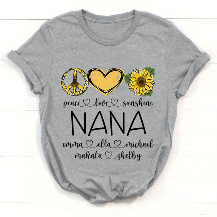 Personalized T-Shirt For Grandma Nana Peace Love Sunshine Heart & Sunflower Printed Custom Grandkids Name