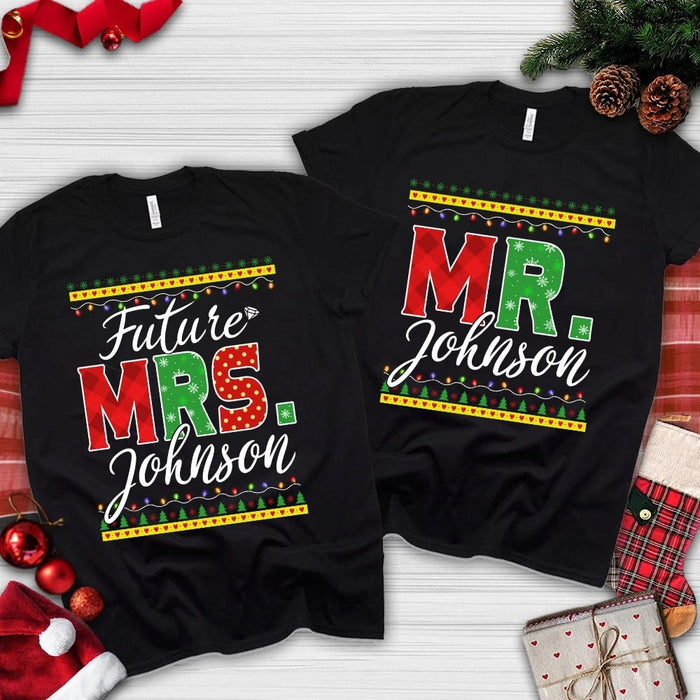 Personalized Matching Shirt For Couple Future Mr & Mrs Christmas Design With Snowflake & Lights Custom Name