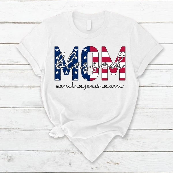 Personalized T-Shirt Mom Blessed US Flag Art Printed Red White Blue Shirt Monogram Design Custom Grandkids Name