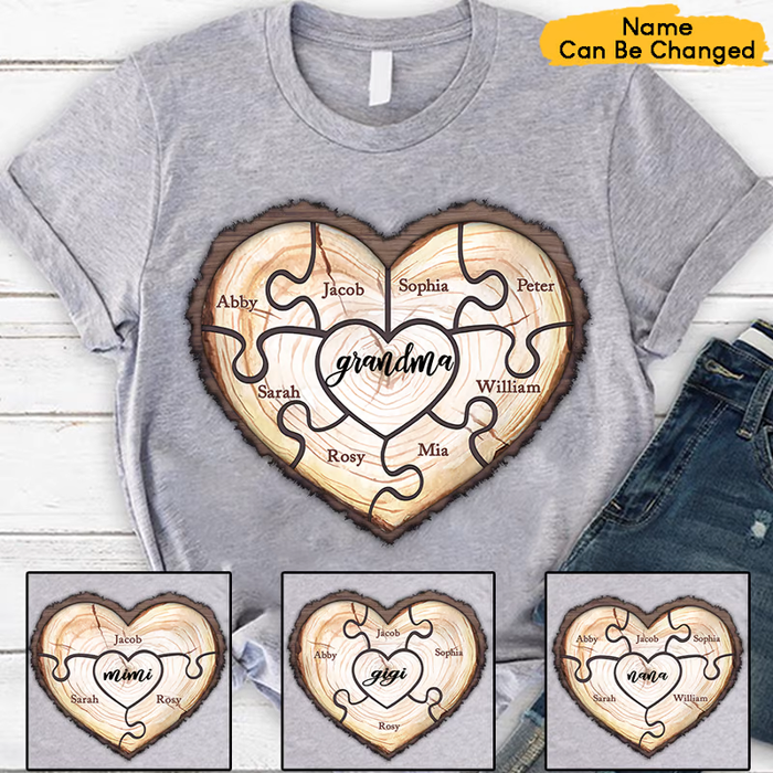 Personalized T-Shirt For Grandma Woody Heart Print Puzzle Design Custom Grandkid's Name Mother's Day Shirt